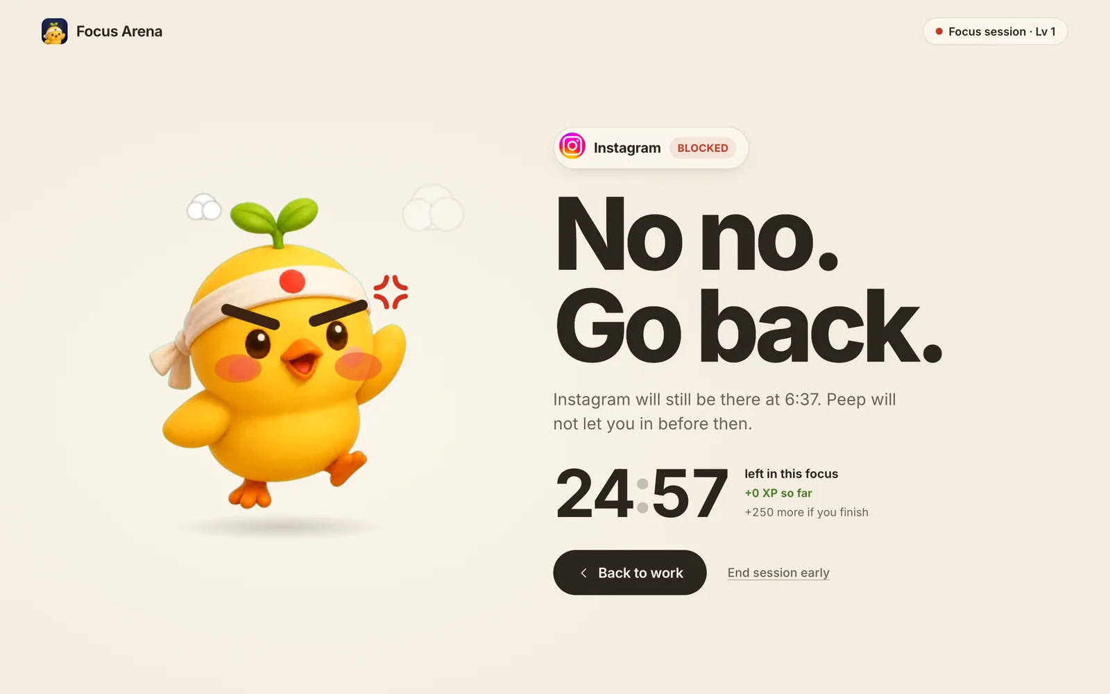 Instagram replaced by an angry Peep saying No no, go back